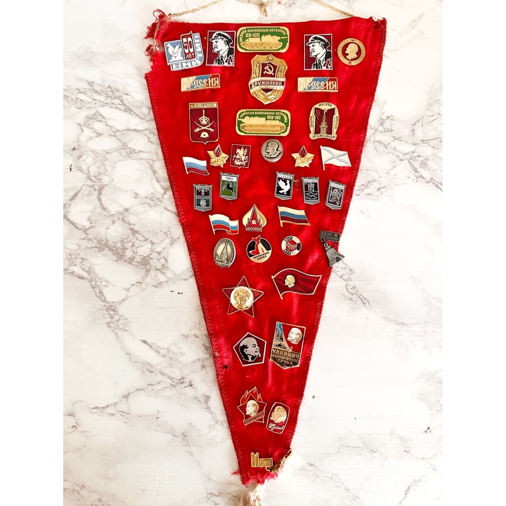Vintage Soviet USSR Enamel Pin Collection on Red Chess Pennant Moscow Lenin